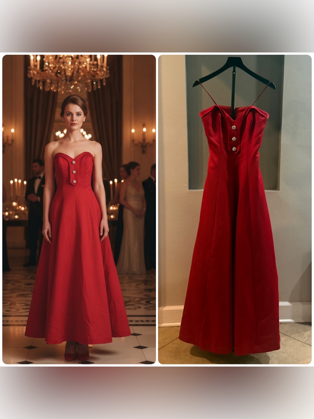 Victor Costa Strapless Red A-Line Evening Gown with Decorative Buttons